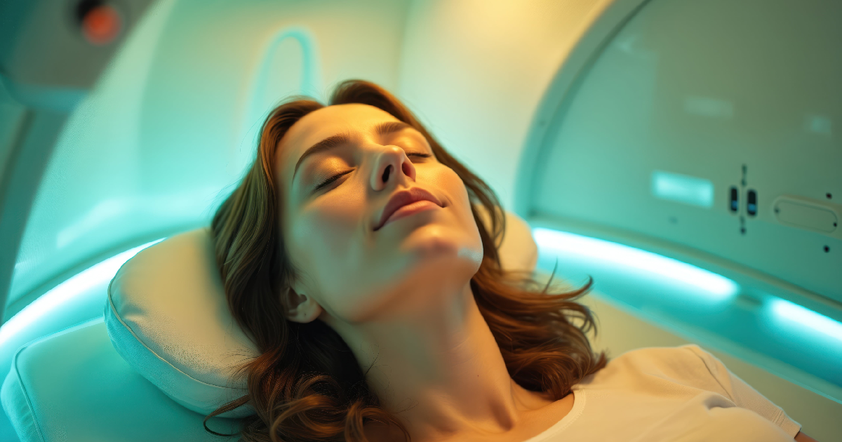 Woman relaxing inside a Hyperbaric Chamber in Baltimore, MD, receiving oxygen therapy to support healing, recovery, and overall wellness.